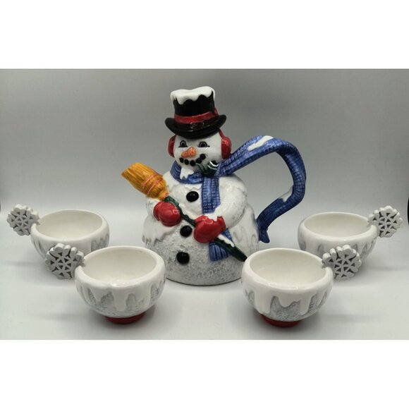 Department 56 Snowman Ceramic Teapot & 4 Snowflake Cups Holiday Set - Picture 1 of 7